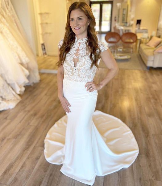 high neck lace mermaid wedding dress off the shoulder appliqued bridal gowns court train satin bride dresses plus size, White
high neck lace mermaid wedding dress off the shoulder appliqued bridal gowns court train satin bride dresses plus size, White
