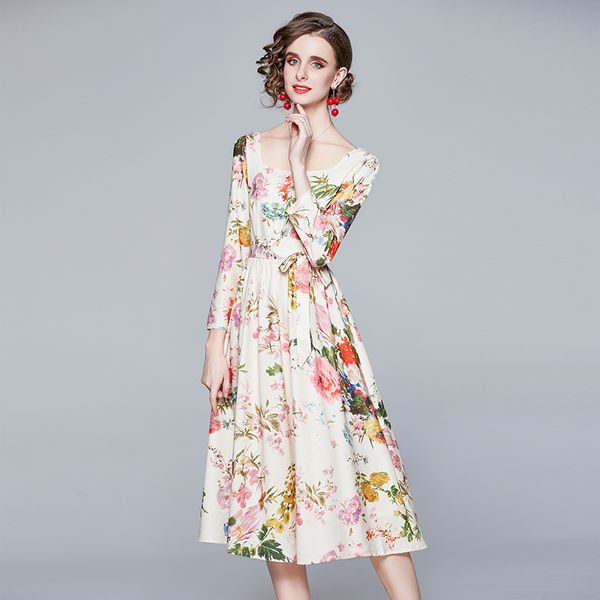 women spring designer elegant buttons belt floral midi dress fashion woman casual party robe female print dresses vestidos 210525, Black;gray
women spring designer elegant buttons belt floral midi dress fashion woman casual party robe female print dresses vestidos 210525, Black;gray