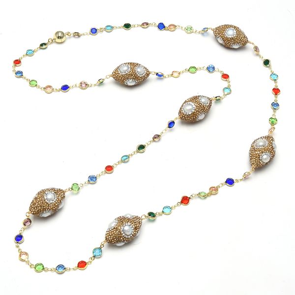 guaiguai jewelry natural white pearl crystal cz pave beads station long necklace gold plated colorful cz chain 39" for women, Silver
guaiguai jewelry natural white pearl crystal cz pave beads station long necklace gold plated colorful cz chain 39" for women, Silver