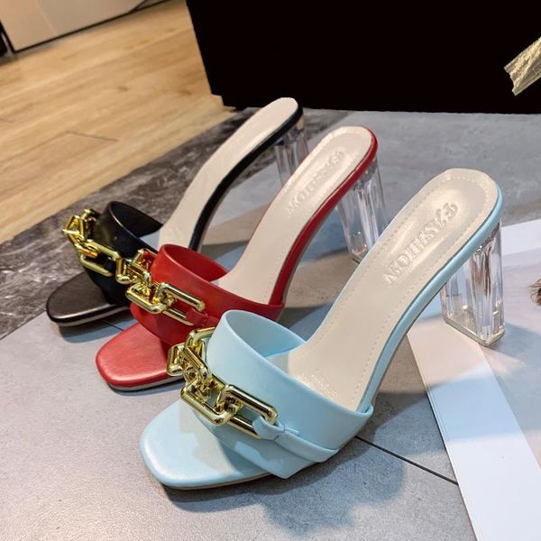 slippers summer transparent crystal thick heel metal chain women's shallow open toe square high heels gladiator sandals, Black
slippers summer transparent crystal thick heel metal chain women's shallow open toe square high heels gladiator sandals, Black