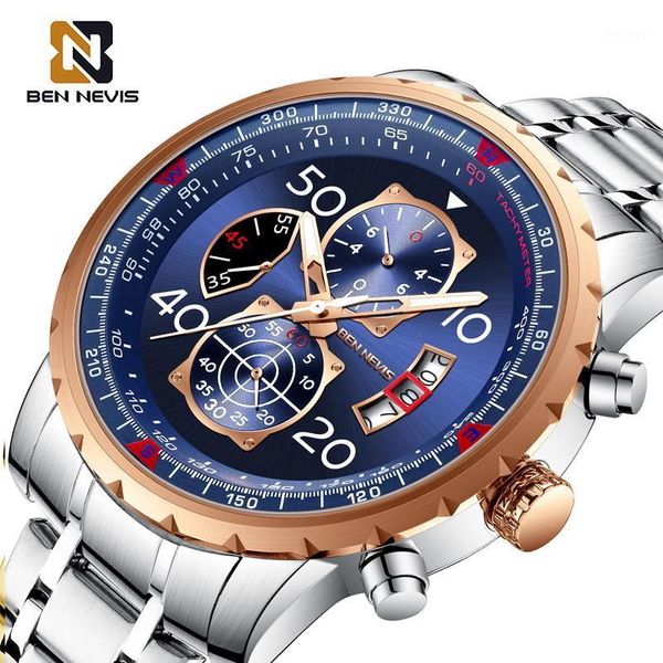 wristwatches ben nevis men watches 2021 luxury fashion blue male clock date display stainless steel strap business watch reloj hombre, Slivery;brown