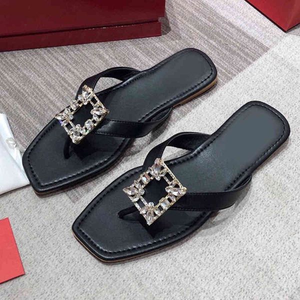 80% off store online 2021 summer new brand women's slippers square head flats real leather sandal metal crystal flower design female sl, Black