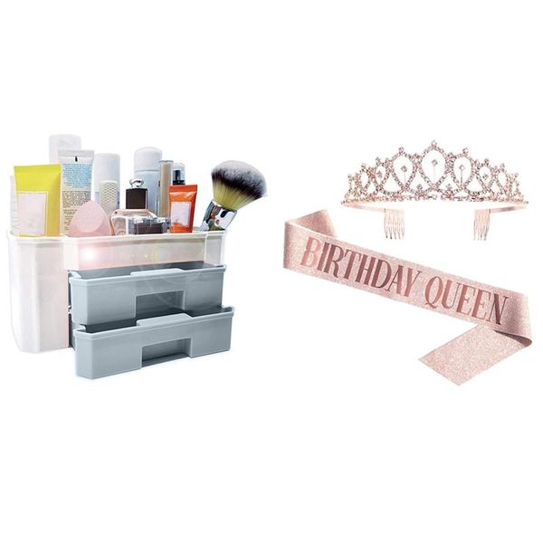 birthday queen belt and rhinestone crown-rose gold & cosmetic storage box storage(blue) boxes bins
