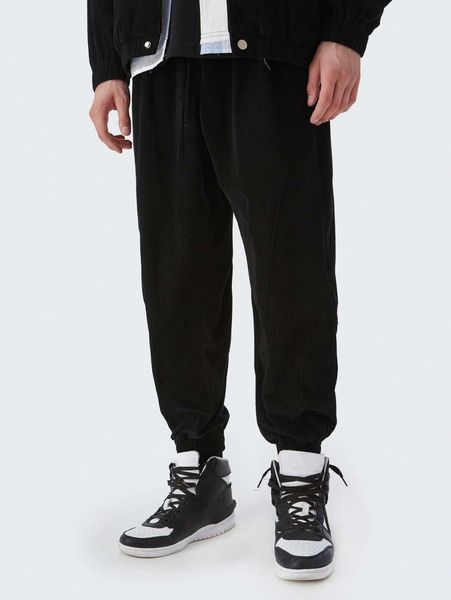 men patched detail drawstring waist corduroy pants 1827#, Black