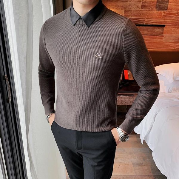 men's sweaters 2021 british style sweater fake two-piece shirt collar knitted pullovers long sleeve slim fit casual knitwear clothes, White;black
men's sweaters 2021 british style sweater fake two-piece shirt collar knitted pullovers long sleeve slim fit casual knitwear clothes, White;black