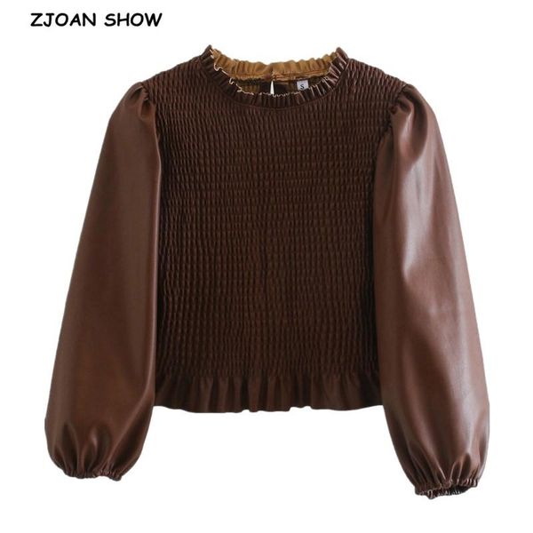 retro lantern sleeve elastic ruched pu leather crop shirt french wood ears ruffles o neck slim short women blouse women's blouses & shi, White
retro lantern sleeve elastic ruched pu leather crop shirt french wood ears ruffles o neck slim short women blouse women's blouses & shi, White