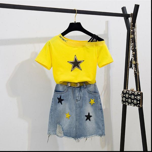summer casual two piece women tracksuits set sequined stars slash neck t shirt embroidery star tassel denim skirt with belt, Gray
summer casual two piece women tracksuits set sequined stars slash neck t shirt embroidery star tassel denim skirt with belt, Gray