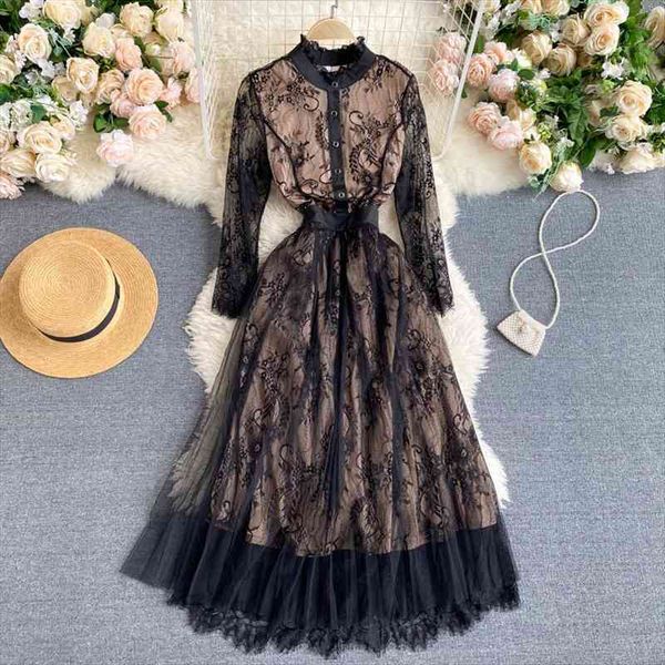 spring autumn vintage lace womens dresses hollow out a line o neck floral print high waist mid calf women, Black;gray
spring autumn vintage lace womens dresses hollow out a line o neck floral print high waist mid calf women, Black;gray