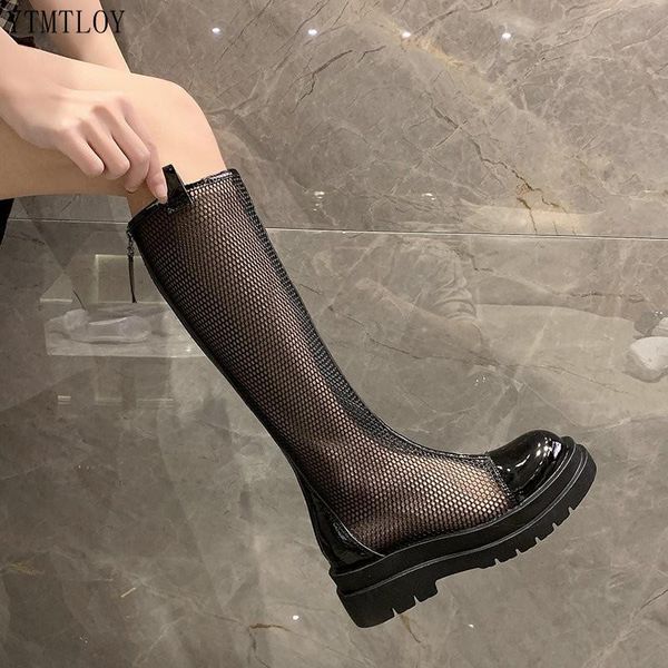boots long summer women mesh genuine leather round toe back zipper hollow knee high ladies handmade ytmtloy botas de mujer, Black 
boots long summer women mesh genuine leather round toe back zipper hollow knee high ladies handmade ytmtloy botas de mujer, Black