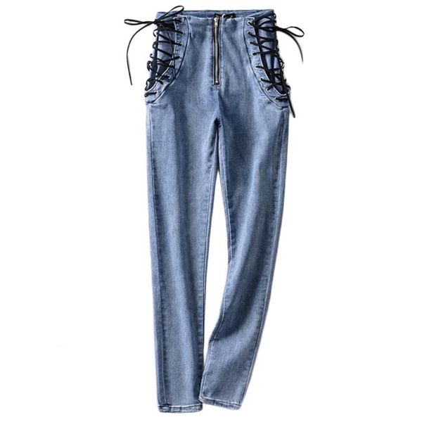 women high waist zipper skinny jeans side lace-up bandage slim denim pants e56a women's, Blue
women high waist zipper skinny jeans side lace-up bandage slim denim pants e56a women's, Blue