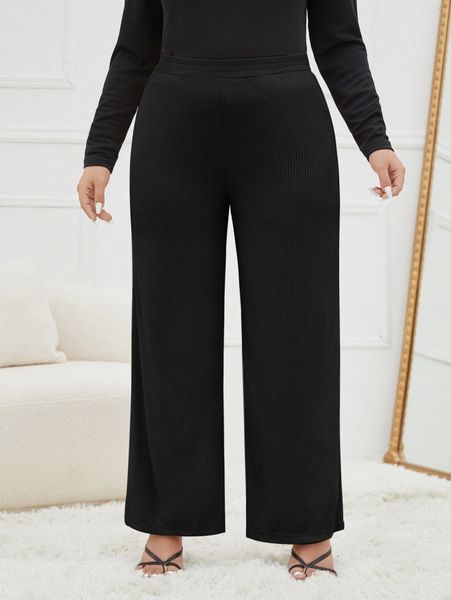 plus ribbed knit wide leg pants 83fb#, Black