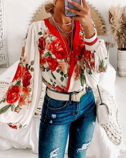 women's blouses & shirts floral print shirred long lantern sleeve casual autumn fashion, White