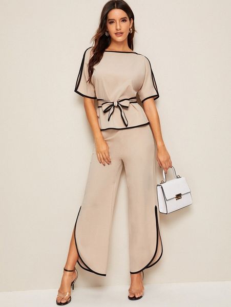 piping trim belted & split-side pants l0do#, White