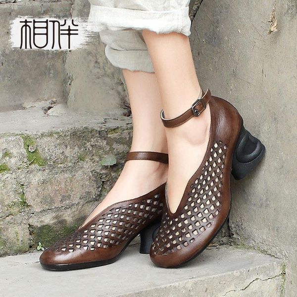 xiangban leather rough heel women's sandals handmade breathable shoes hollowed-out pumps ankle strap 6cm, Black
xiangban leather rough heel women's sandals handmade breathable shoes hollowed-out pumps ankle strap 6cm, Black