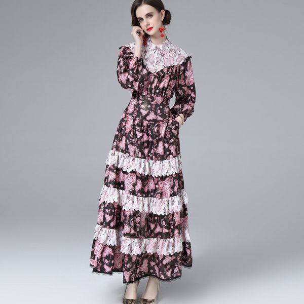 women's runway designer two piece dress o neck long sleeves lace patchwork printed blouse with skirt twinsets set, White
women's runway designer two piece dress o neck long sleeves lace patchwork printed blouse with skirt twinsets set, White