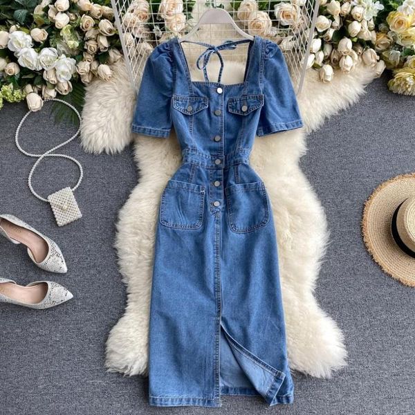 casual dresses hong kong style ins women's retro square collar button up waist slim mid long split denim dress summer 2021, Black;gray
casual dresses hong kong style ins women's retro square collar button up waist slim mid long split denim dress summer 2021, Black;gray