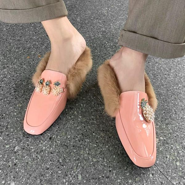slippers autumn winter women's mules shoes genuine leather metal pineapple fur slides ladies outsides slip on, Black
slippers autumn winter women's mules shoes genuine leather metal pineapple fur slides ladies outsides slip on, Black