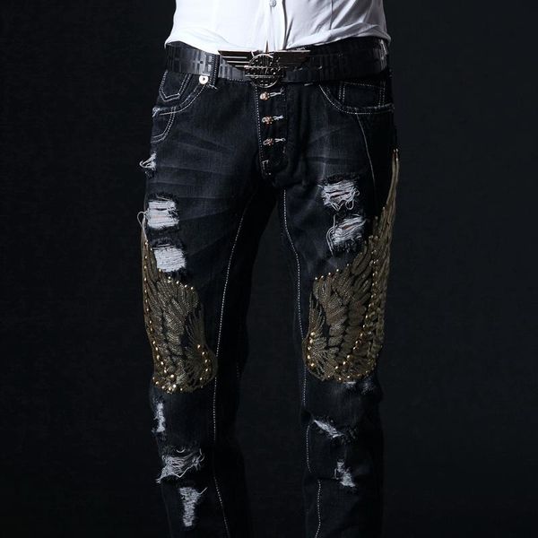 embroidery jeans men korean slim moto biker hole denim pants vintage sequins stage male trousers middle skinny man men's, Blue
embroidery jeans men korean slim moto biker hole denim pants vintage sequins stage male trousers middle skinny man men's, Blue