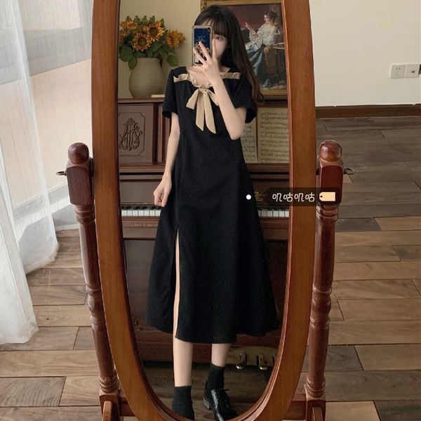 large 2021 summer new women's dress fat sister hepburn dress women's split design, Black;gray
large 2021 summer new women's dress fat sister hepburn dress women's split design, Black;gray