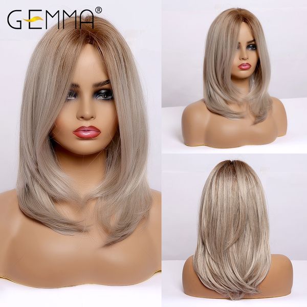 medium length straight bobo synthetic wig for women ombre honey brown gray middle part layered cosplay heat resistant hair, Black
medium length straight bobo synthetic wig for women ombre honey brown gray middle part layered cosplay heat resistant hair, Black