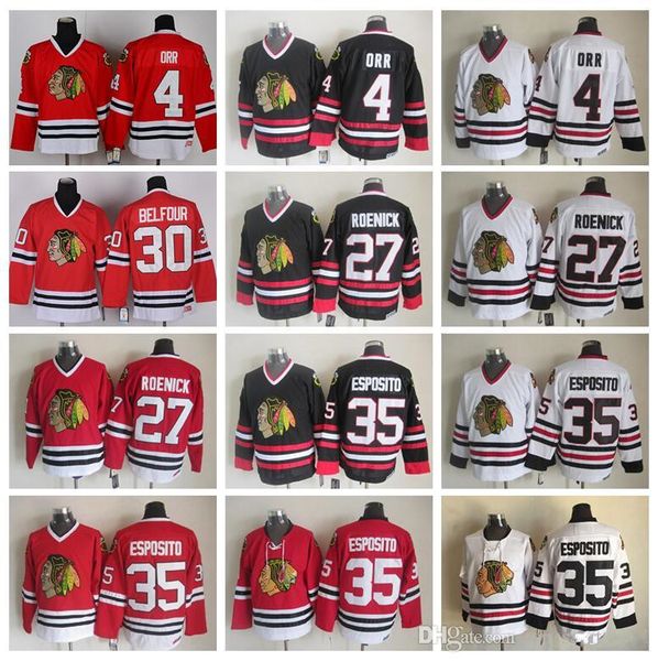 

Chicago Blackhawks 4 Bobby Orr Jersey Men Hockey 35 Tony Esposito 27 Jeremy Roenick 30 Ed Belfour Vintage CCM Black White Red, Colour 1