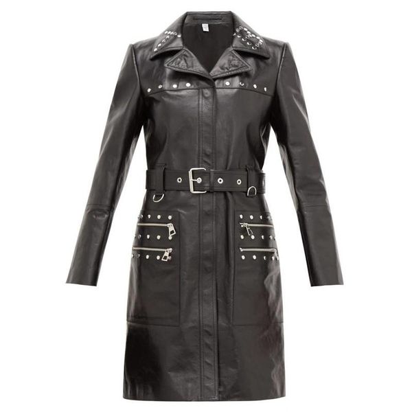 women's leather & faux long women'coat spring genuine jacket sashes brand lambskin coats with rivet turn-down collar streetwear, Black
women's leather & faux long women'coat spring genuine jacket sashes brand lambskin coats with rivet turn-down collar streetwear, Black