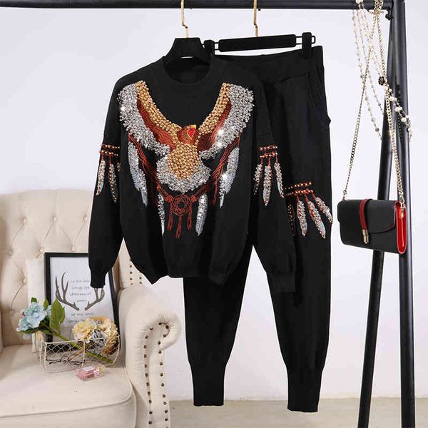 women's two piece pants autumn fashion black knitted tracksuit women 2pc beading eagle pullover sweater long pencil set loose knit, White
women's two piece pants autumn fashion black knitted tracksuit women 2pc beading eagle pullover sweater long pencil set loose knit, White