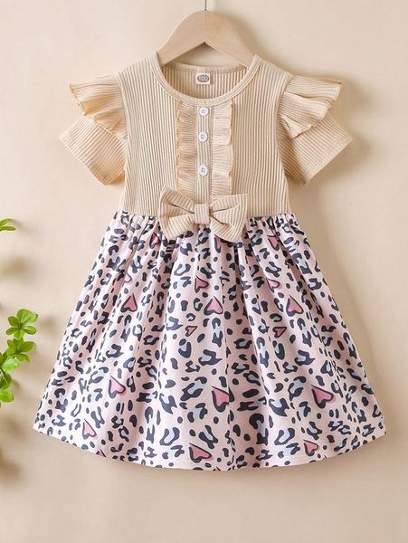 toddler girls leopard ruffle trim bow front dress she, Red;yellow