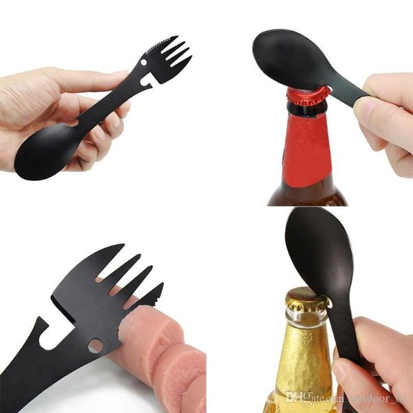 black 5 in 1 multifunctional outdoor tool stainless steel camping survival practical fork spoon bottle / opener 
black 5 in 1 multifunctional outdoor tool stainless steel camping survival practical fork spoon bottle / opener