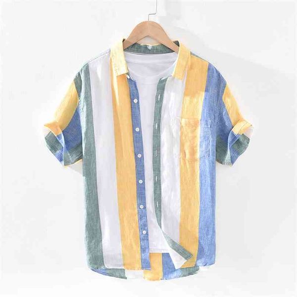 1709 men summer fashion japan style bright color striped short sleeve single breasted casual pure linen shirts male 210626, White;black
1709 men summer fashion japan style bright color striped short sleeve single breasted casual pure linen shirts male 210626, White;black