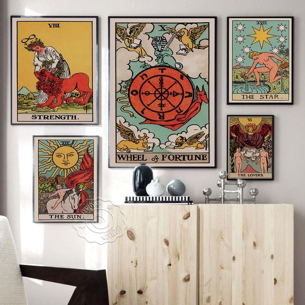paintings old tarot cards retro poster, five the lovers star sun wheel of fortune strength art prints, vintage home wall decor
paintings old tarot cards retro poster, five the lovers star sun wheel of fortune strength art prints, vintage home wall decor
