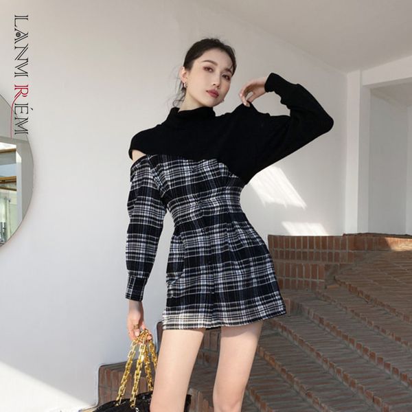 half high neck knitted sweater dress black plaid off-shoulder dresses women spring autumn fashion clothes 2d1046 210507, Black;gray
half high neck knitted sweater dress black plaid off-shoulder dresses women spring autumn fashion clothes 2d1046 210507, Black;gray