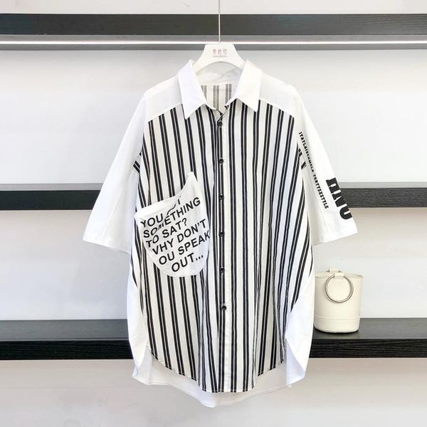 women's blouses & shirts streetwear women summer striped shirt letter print fashion pocket spliced long asymmetry lapel half sleeve fem, White
women's blouses & shirts streetwear women summer striped shirt letter print fashion pocket spliced long asymmetry lapel half sleeve fem, White