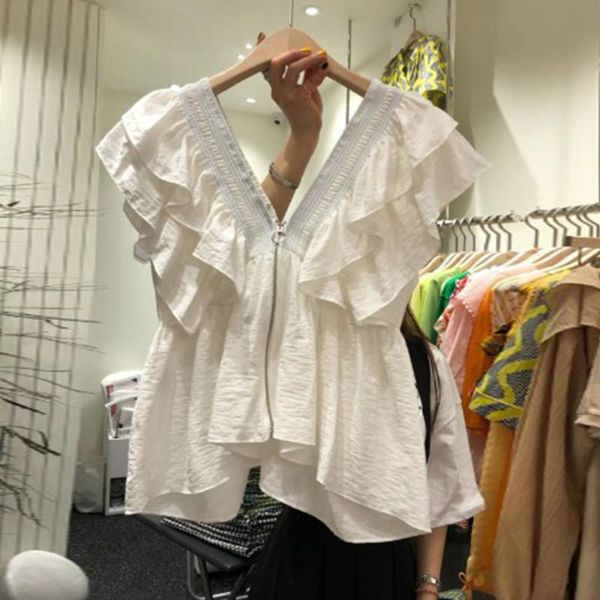 women's blouses & shirts summer women pleated ruffles blouse pure color simple v-neck short sleeve kawaii korean style sandbeach ol, White
women's blouses & shirts summer women pleated ruffles blouse pure color simple v-neck short sleeve kawaii korean style sandbeach ol, White