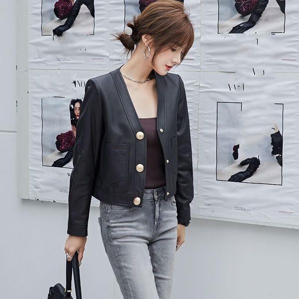 women's leather & faux single women breasted v neck sheepskin genuine jacket female spring autumn motorcycle short coat slim fit outwea, Black
women's leather & faux single women breasted v neck sheepskin genuine jacket female spring autumn motorcycle short coat slim fit outwea, Black