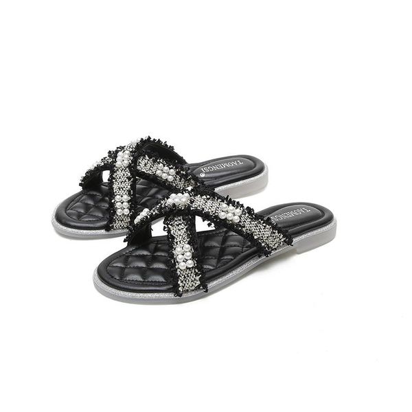 cross pearl braided open toe slippers beach vacation flat indoor shoes slides round women, Black
cross pearl braided open toe slippers beach vacation flat indoor shoes slides round women, Black