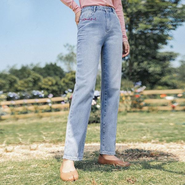 spring arrival chain embroidered cotton water wash loose casual straight retro women's jeans, Blue