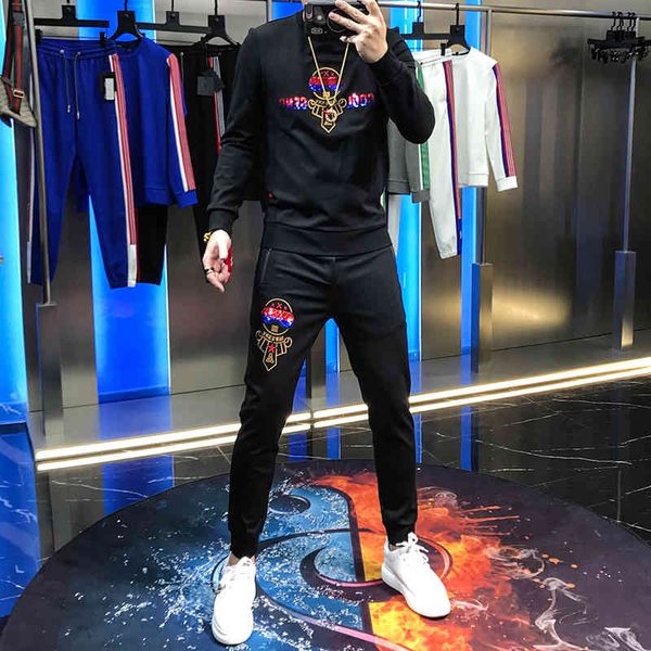 hoodies fashion autumn around the neck nightgown thin korean version embroidered cartoon two male suit, Black