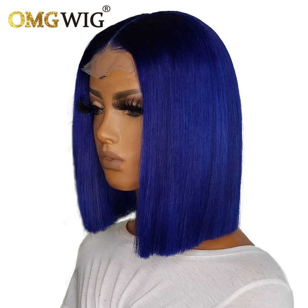 

Short Blue Color Bob Human HD Lace Frontal Wigs for Women Pre Plucked Brazilian Remy Hair 4x4 Closure Wig Bone Straight S0826, Ombre color
