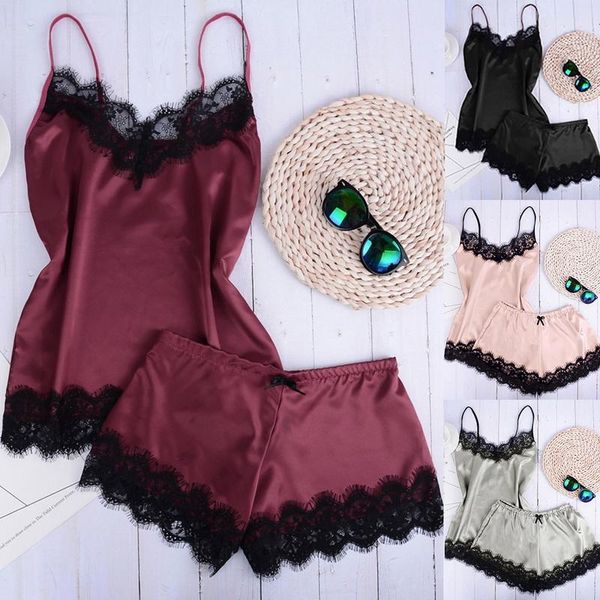 women's sleepwear pajamas set home suit and shorts v-neck sleeveless satin lace clothes for women 2021, Black;red
women's sleepwear pajamas set home suit and shorts v-neck sleeveless satin lace clothes for women 2021, Black;red
