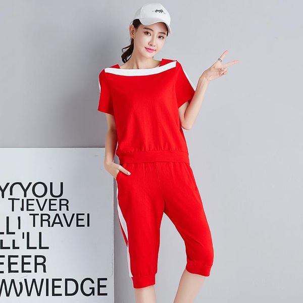 two piece dress summer style cotton tracksuit women sets short sleeve + capri pants suit female casual fitness sport, White
two piece dress summer style cotton tracksuit women sets short sleeve + capri pants suit female casual fitness sport, White