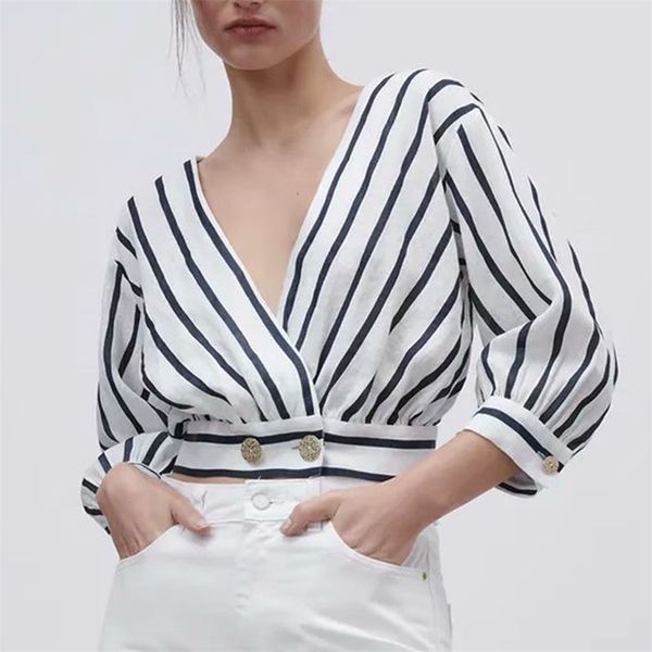 women summer striped v-neck blouses shirts za 3/4 sleeve buttons female sweet casual street short clothes blusas 210513, White
women summer striped v-neck blouses shirts za 3/4 sleeve buttons female sweet casual street short clothes blusas 210513, White