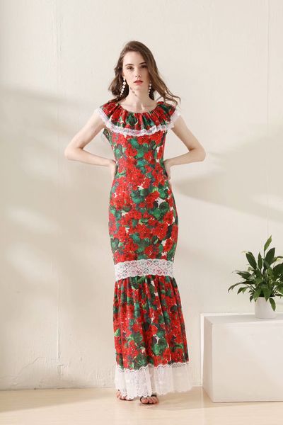 trend casual women's runway dress slash neckline ruffles lace long skirt floral printed elegant mermaid long casual dresses, White;black
trend casual women's runway dress slash neckline ruffles lace long skirt floral printed elegant mermaid long casual dresses, White;black