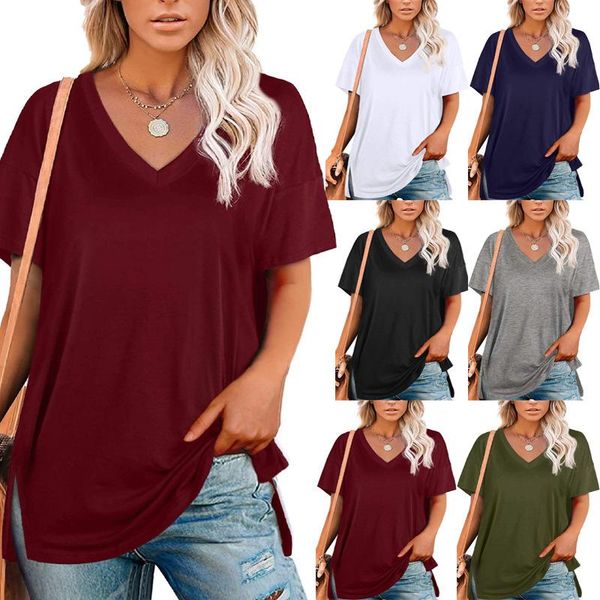 women's t-shirt 2021 summer style v-neck solid color short-sleeved loose casual, White
women's t-shirt 2021 summer style v-neck solid color short-sleeved loose casual, White