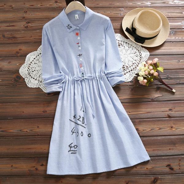 casual dresses japanese mori girl autumn spring women cute dress turn-down collar embroidery letter blue stripe cotton linen kawaii, Black;gray
casual dresses japanese mori girl autumn spring women cute dress turn-down collar embroidery letter blue stripe cotton linen kawaii, Black;gray