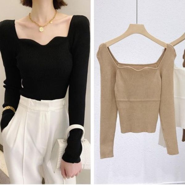 women's sweaters 2021 autumn french style elegant pullovers design wave square collar long sleeve jumper solid slim sweater chic pull f, White;black
women's sweaters 2021 autumn french style elegant pullovers design wave square collar long sleeve jumper solid slim sweater chic pull f, White;black