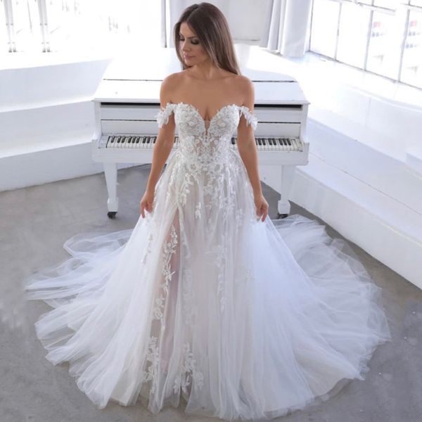 off the shoulder a line lace wedding dresses with appliques sweetheart court train lace-up back tulle bridal gowns, White
off the shoulder a line lace wedding dresses with appliques sweetheart court train lace-up back tulle bridal gowns, White