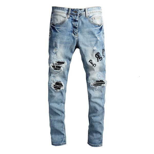679 fashion brand am pierced jeans men's personality pu leather embroidery patch slim fitting small leg, Blue
679 fashion brand am pierced jeans men's personality pu leather embroidery patch slim fitting small leg, Blue