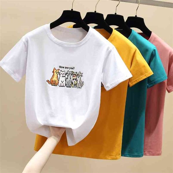 korean summer t shirt women white t clothes short sleeve cotton girl embroidered animals tee femme 210507
korean summer t shirt women white t clothes short sleeve cotton girl embroidered animals tee femme 210507