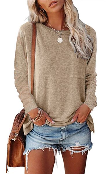 ladies loose long-sleeved t-shirt solid color round neck pullover jacket pocket split casual bottoming clothes autumn and winter tees 12635, White
ladies loose long-sleeved t-shirt solid color round neck pullover jacket pocket split casual bottoming clothes autumn and winter tees 12635, White